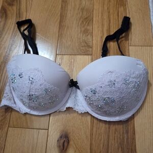 Victoria's Secret Light Pink Lace Embellished Push-Up Bra with Black Straps